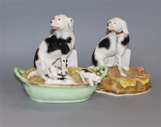 A Staffordshire porcelain group of a pointer and three puppies and a similar figure of a foxhound, c.1830-50, H. 11cm - 11.5cm (2)